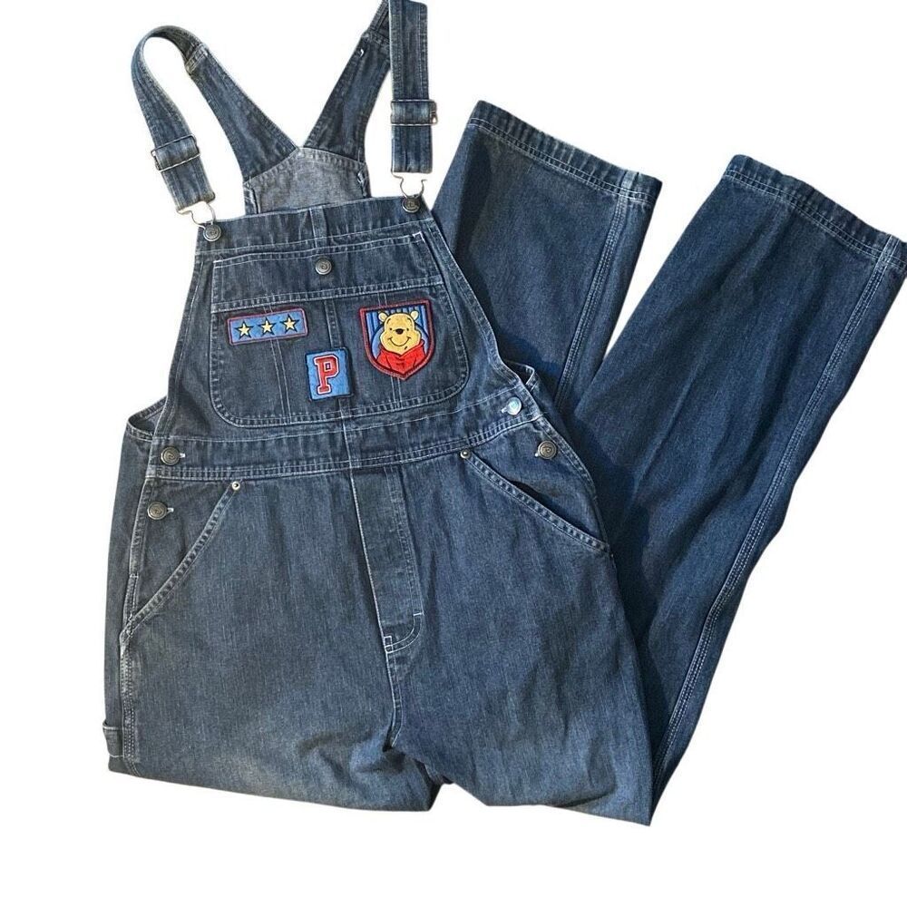 Vintage 90s Winnie the Pooh Denim Overalls Disney Small Blue Jean Carpenter y2k